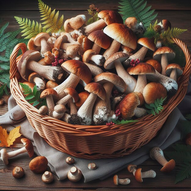 un bouquet de champignons frais récoltés dans un panier sur une table en bois