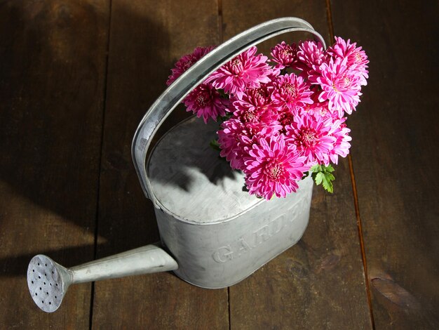 Bouquet de chrysanthème rose en arrosoir sur table en bois