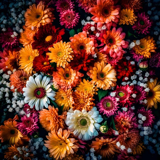 Bouquet de chrysanthèmes colorés sur fond sombre