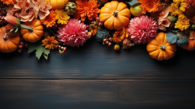 Un bouquet de citrouilles et de fleurs sur une image numérique de décor d'action de grâces d'automne de table