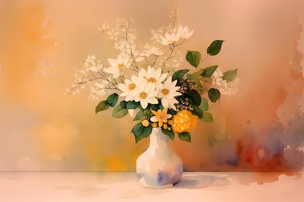 Bouquet classique de fleurs dans un vase en verre nature morte imitation aquarelle AI générative