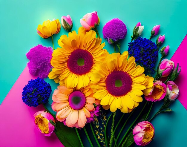 Photo un bouquet coloré de fleurs avec un fond rose et bleu