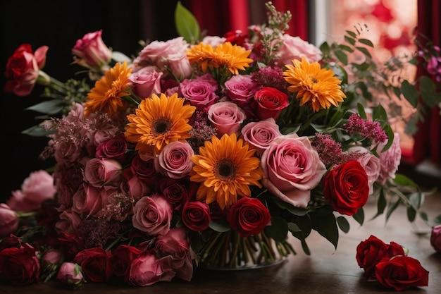 Un bouquet coloré de fleurs fraîches sur une table de bois rustique