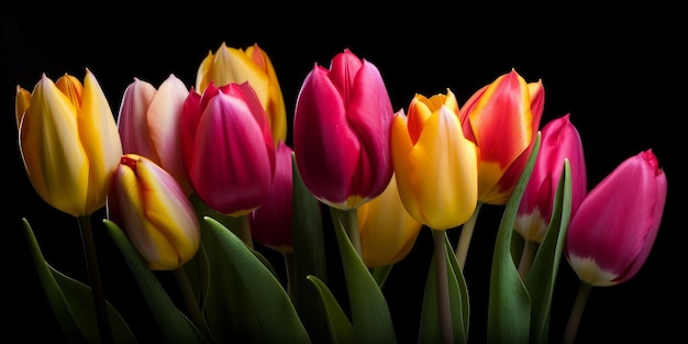 Bouquet coloré de fleurs de tulipes printanières fraîches Fond noir