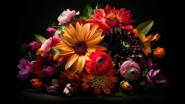 Bouquet coloré de marguerites et de gerberas sur fond noir ai générative