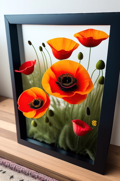 Bouquet de coquelicots séchés et maquette de cadre