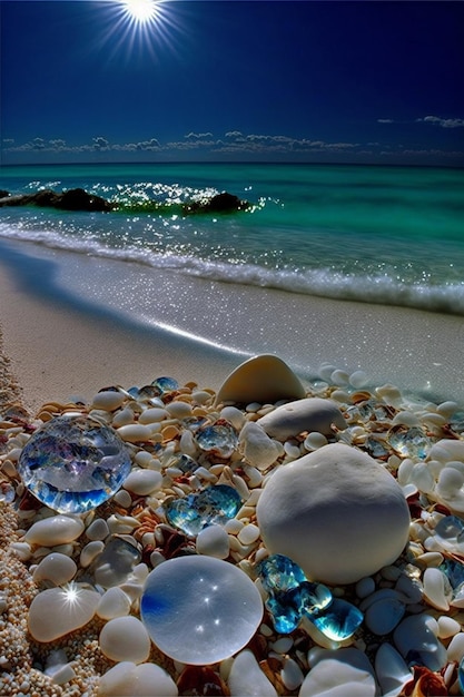 Bouquet de coquillages assis au sommet d'une plage de sable Generative Ai