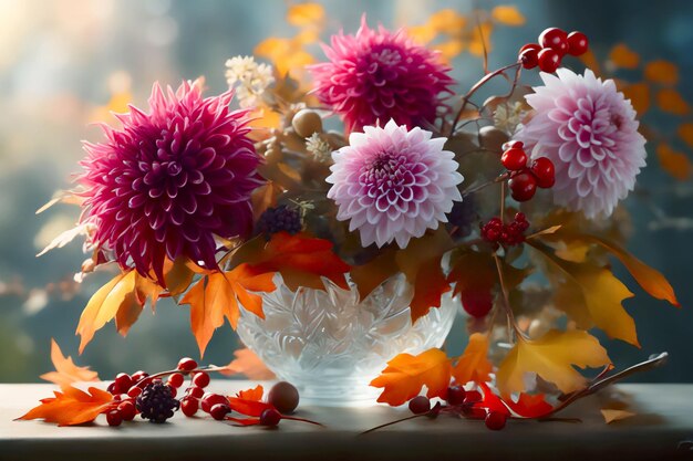 Bouquet de dahlias, de branches d'érable et de baies d'automne dans un vaste vase en verre Beau fond d'automne