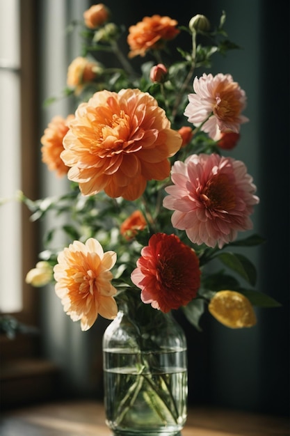 Bouquet de dahlias dans un vase en verre