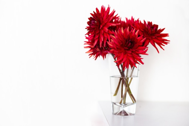 Photo bouquet de dahlias rouges dans un vase en verre dans un intérieur clair.