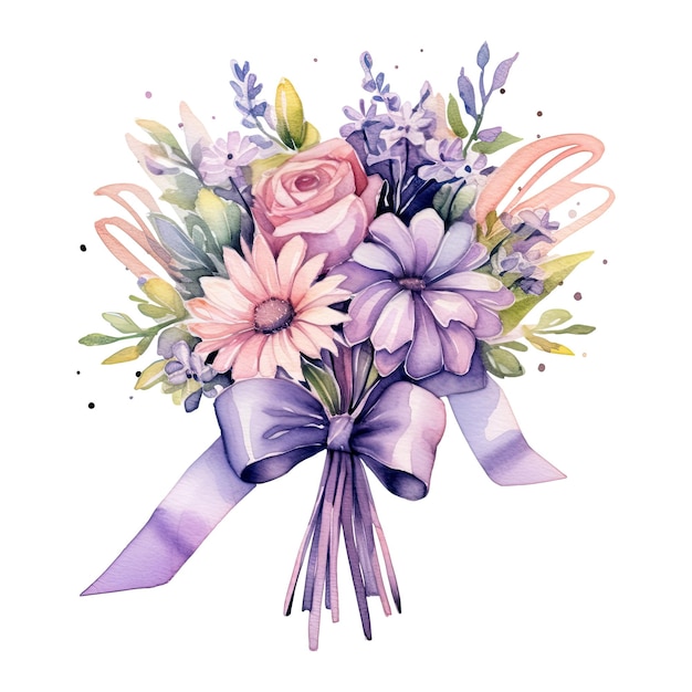 Bouquet délicat de fleurs aquarelle avec un ruban noué autour isolé