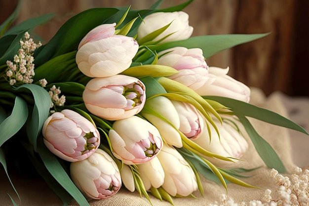 Bouquet délicat de tulipes roses beiges pour les voeux de mariage