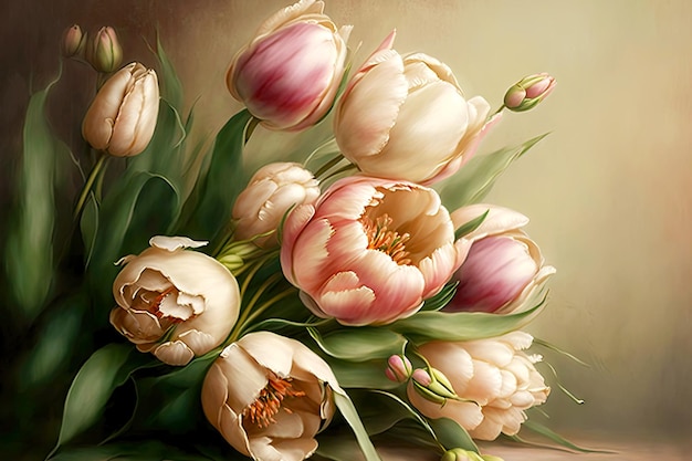 Bouquet délicat de tulipes roses beiges pour les voeux de mariage