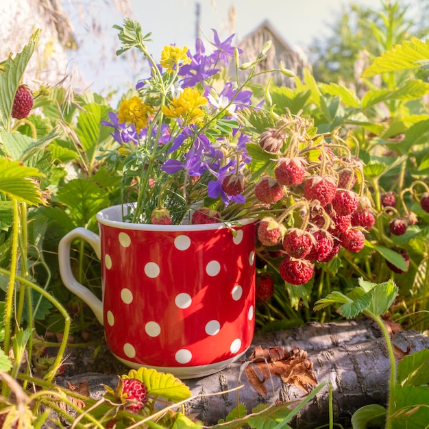 Bouquet d'été de fleurs sauvages et de fraises des bois au soleil