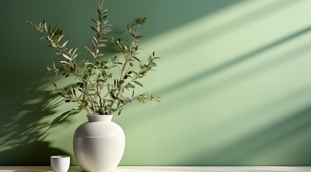 Bouquet d'eucalyptus dans le vase en céramique sur la table en bois contre le mur vert intérieur minimaliste