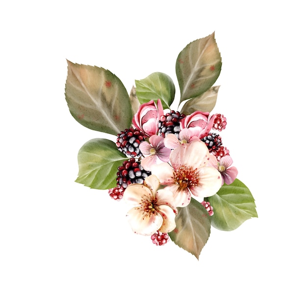 Bouquet festif d'aquarelle de belles fleurs et de mûres fruitées avec des feuilles vertes