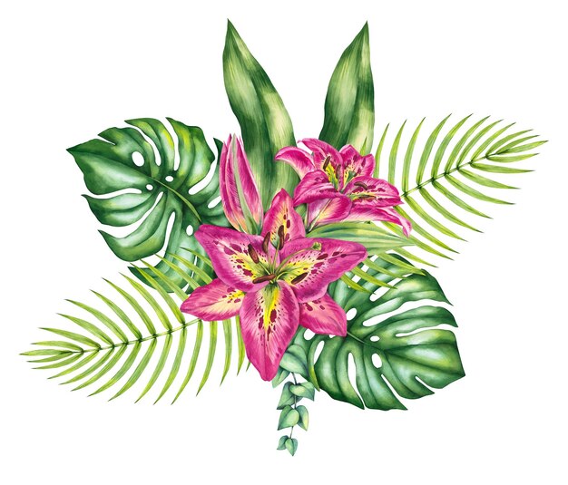 Bouquet de feuilles tropicales et de lys isolés