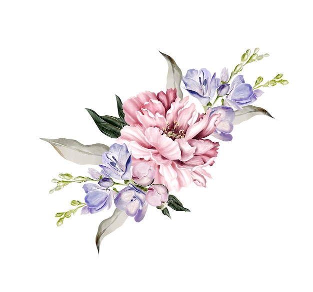 Bouquet de feuilles vertes de pivoine et d'iris Aquarelle de carte de mariage floral