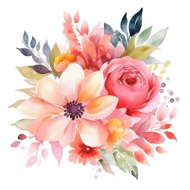 Un bouquet de fleurs à l'aquarelle avec une fleur rose.