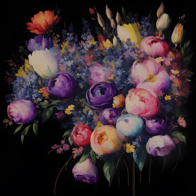 Bouquet de fleurs Arrangement de fleurs peintes numérique Fond de fleurs multicolores AI générative