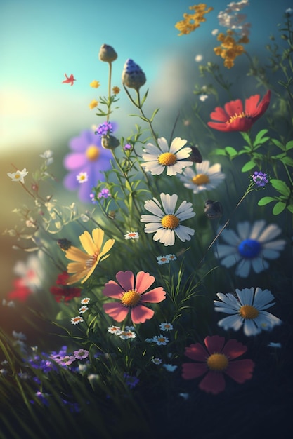 Bouquet de fleurs assis au sommet d'un champ vert luxuriant ai génératif