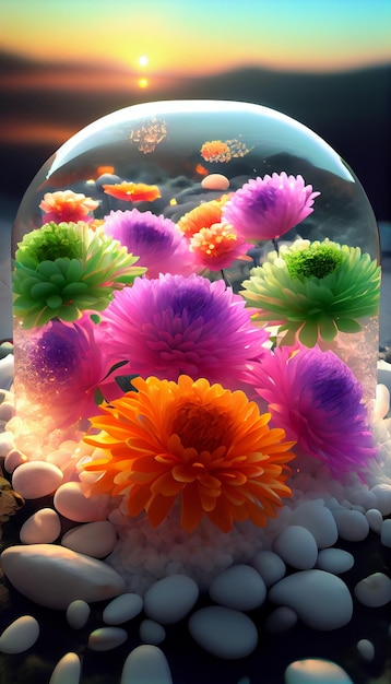 Bouquet de fleurs assis à l'intérieur d'un dôme de verre générative ai