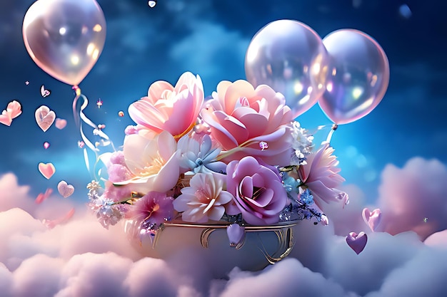 un bouquet de fleurs et de ballons dans les nuages avec des ballons