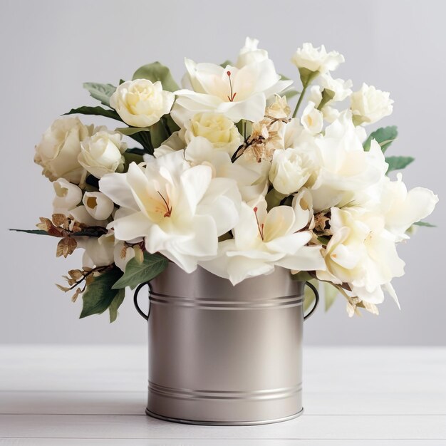 un bouquet de fleurs blanches dans un seau sur le fond blanc