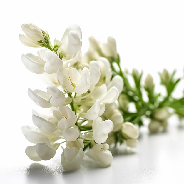 Un bouquet de fleurs blanches avec des feuilles vertes sur fond blanc.