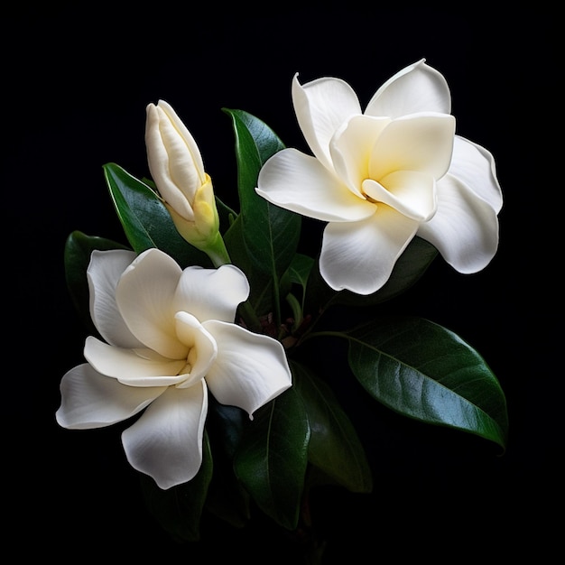 Un bouquet de fleurs blanches avec des feuilles vertes sur fond noir.