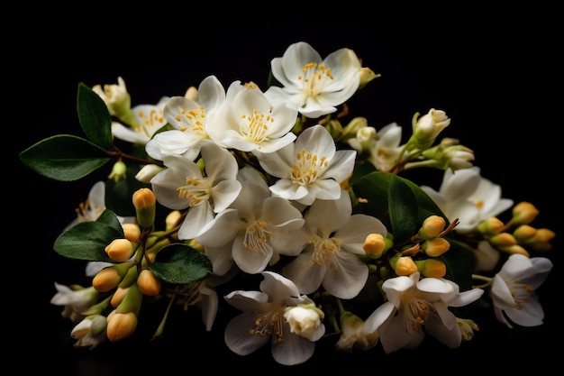 Un bouquet de fleurs blanches avec des fleurs jaunes sur fond noir