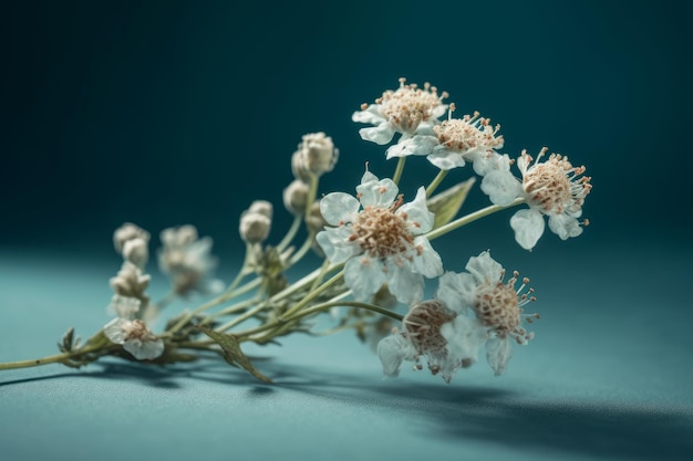 Un bouquet de fleurs blanches sur fond bleu