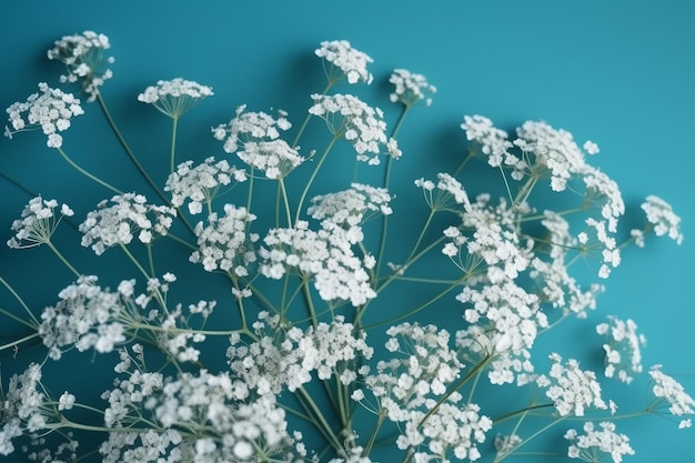 Un bouquet de fleurs blanches sur fond bleu