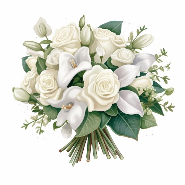 Un bouquet de fleurs blanches avec des lys blancs et des feuilles vertes.