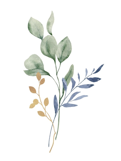 Bouquet de fleurs bleu poussiéreux à l'aquarelle clipart délicat avec l'image de brindilles illustré à la main