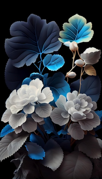Bouquet de fleurs bleues et blanches sur fond noir ai générative