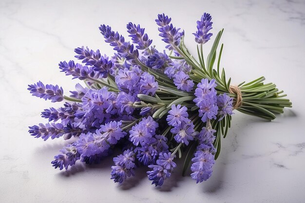 Un bouquet de fleurs bleues lavande sur un fond clair vue de haut