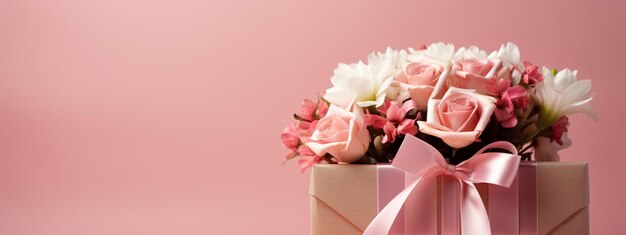 un bouquet de fleurs et un cadeau sur un fond rose