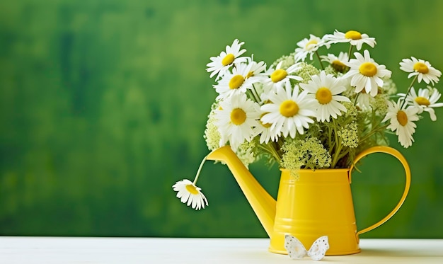 Bouquet de fleurs de camomille dans un arrosoir et papillon sur la table dans le jardin AI générative