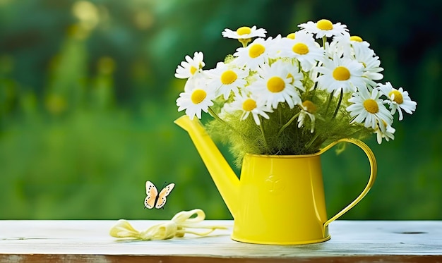 Bouquet de fleurs de camomille dans une cannette d'arrosage et papillon sur la table dans le jardin IA générative