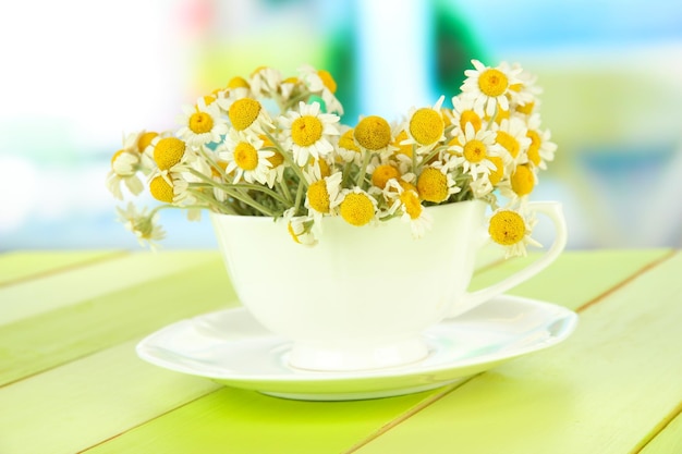 Bouquet de fleurs de camomille en tasse sur fond clair