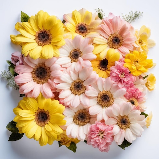 un bouquet de fleurs avec un centre jaune et rose