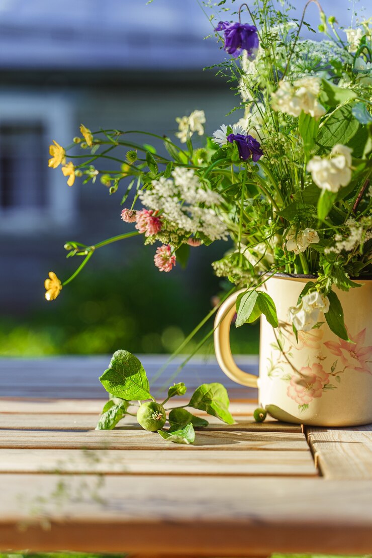 Photo bouquet de fleurs des champs et pomme verte non mûre sur une table de jardin