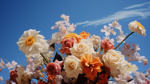 Un bouquet de fleurs avec un ciel bleu en arrière-plan