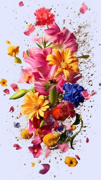 Un bouquet de fleurs coloré avec un spray de peinture et de la peinture en aérosol.