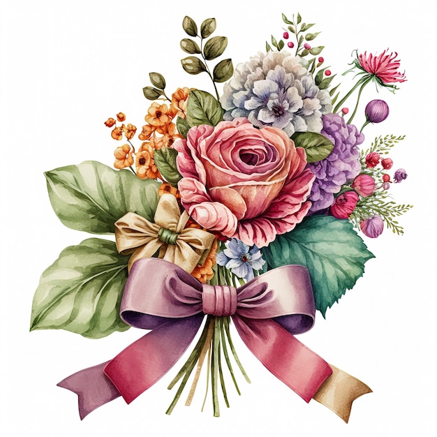 Bouquet de fleurs colorées aquarelle avec archet isolé sur fond blanc Illustration botanique