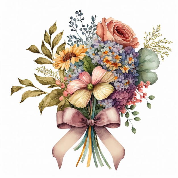 Bouquet de fleurs colorées aquarelle avec archet isolé sur fond blanc Illustration botanique