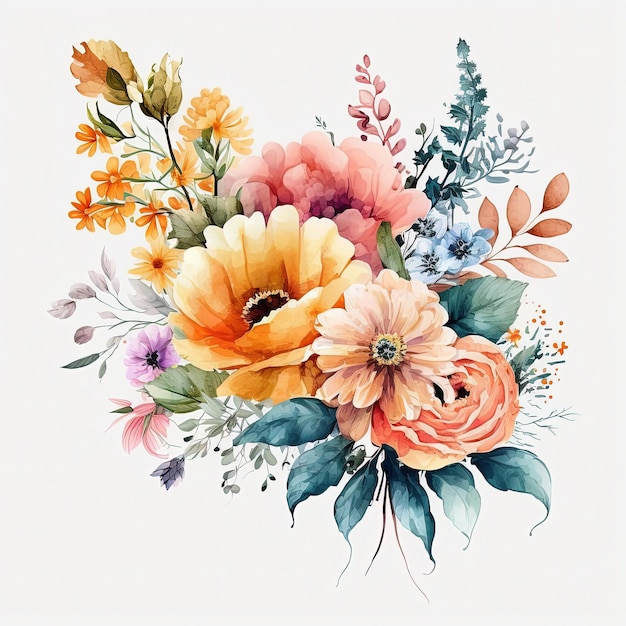 Bouquet de fleurs colorées aquarelle isolé sur fond blanc Invitation de mariage