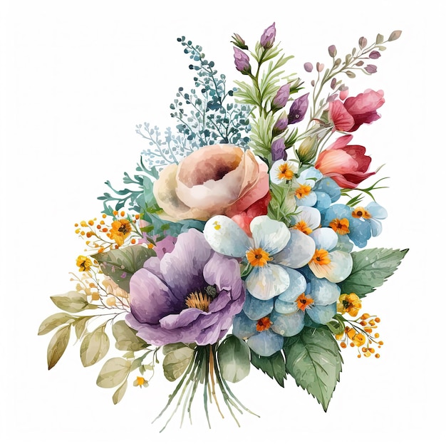 Bouquet de fleurs colorées aquarelle isolé sur fond blanc Invitation de mariage
