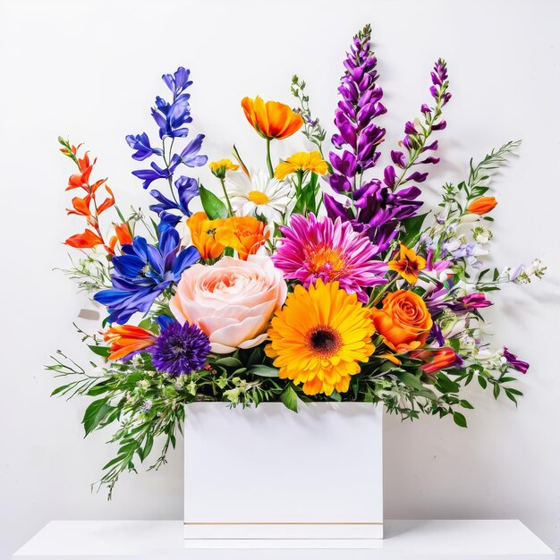 Photo un bouquet de fleurs colorées dans un vase blanc